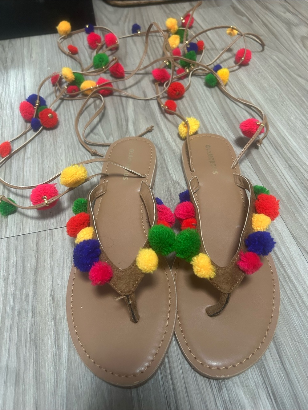 Glamorous Tan Pom-Pom Lace-Up Sandals with Multicolor Poms